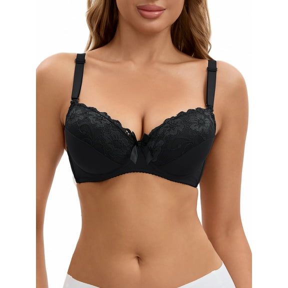 INSPIRE CHIC 2 Pcs for Women's Lace Trim Full Coverage Adjustable Strap Push Up Convertible Bra, Available in Plus Size C 36 2 Black