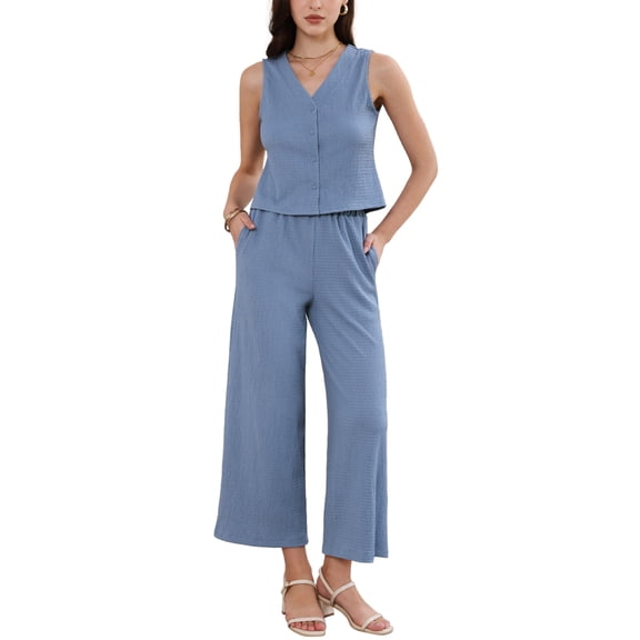 INSPIRE CHIC 2 Piece Sets for Women's High Waist Pockets Textured Dressy Casual Lounge Pants Suit Set XS Blue