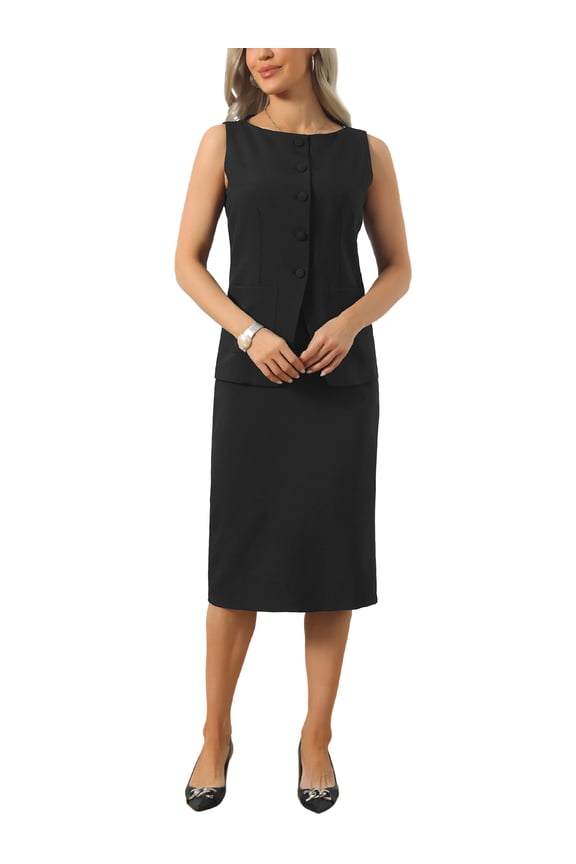 2 Piece Suit Skirt Set for Women's Summer Business Work Set Sleeveless Vest Blazer and Straight Skirt XS Black