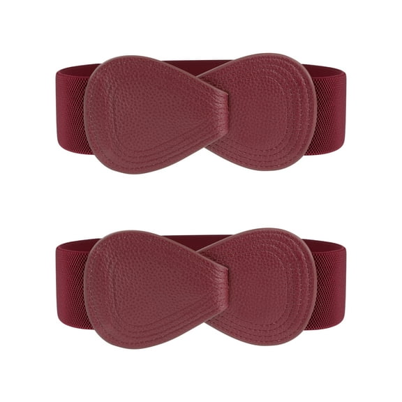INSPIRE CHIC 2Pcs Interlock 8-shaped Buckle Elastic Faux Leather Stretch Waist Belt for Lady 33.5x2.36"(LxW) Burgundy