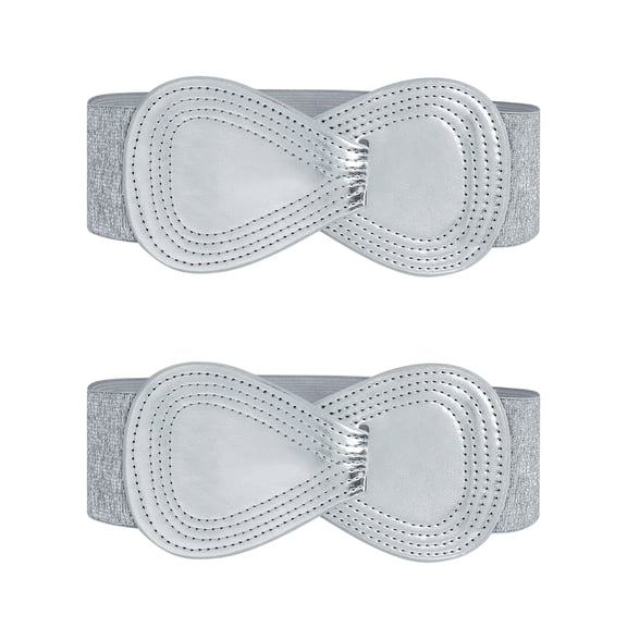 INSPIRE CHIC 2Pcs Interlock 8-shaped Buckle Elastic Faux Leather Stretch Waist Belt for Lady 39.4x2.36"(LxW) Metallic Silver