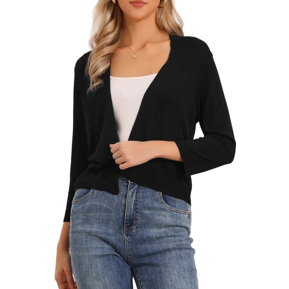 INSPIRE CHIC 3/4 Sleeve Cropped Cardigan for Women's Knit Sweaters Lightweight Open Front Bolero Shrug XS Black