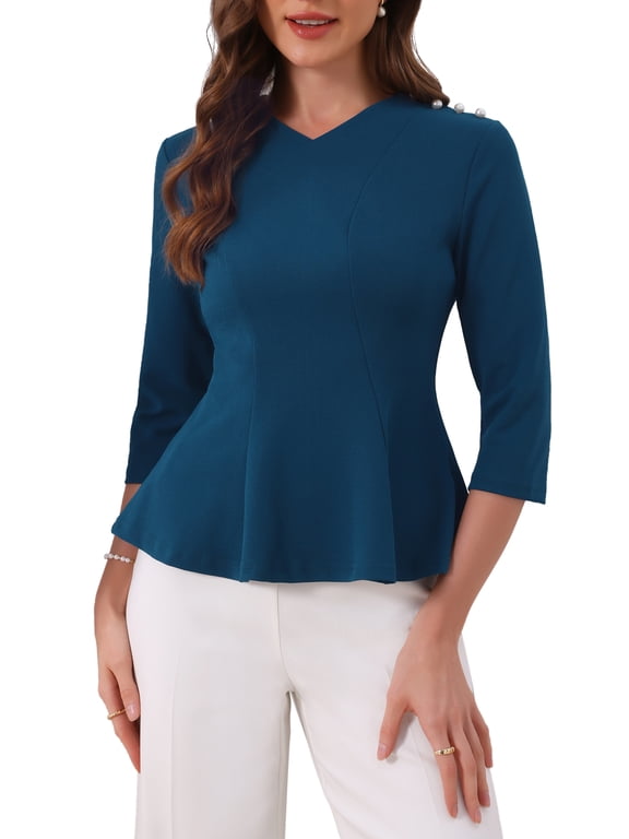 3/4 Sleeve Peplum Top for Women's Elegant V Neck Work Office Blouse XL Lake Blue