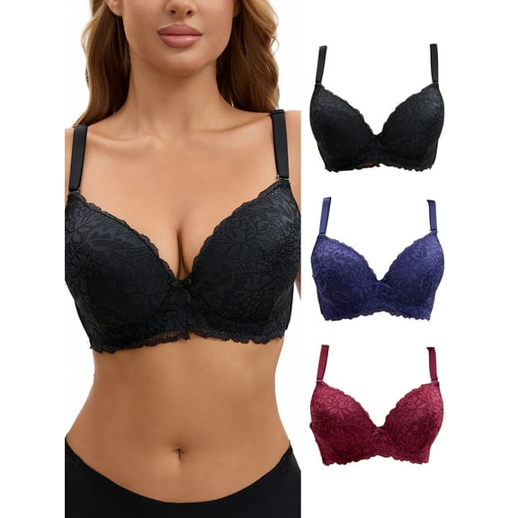 INSPIRE CHIC 3 Pcs for Women's Lace Full Coverage Adjustable Strap Push Up Bras, Available in Plus Size D 36 Blue/Wine Red/Black