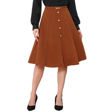 INSPIRE CHIC A-Line Midi Flare Skirt for Women's Vintage High Waist Pleated Skirts M Orange Brown