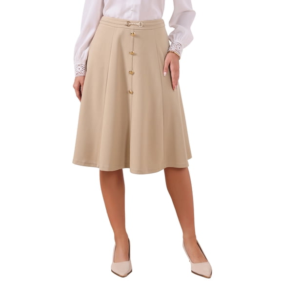 INSPIRE CHIC A-Line Midi Pleated Skirt for Women's Vintage Work High Waist Flare Business Skirts L Khaki