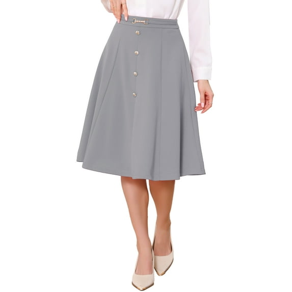 INSPIRE CHIC A-Line Midi Pleated Skirt for Women's Vintage Work High Waist Flare Business Skirts M Gray