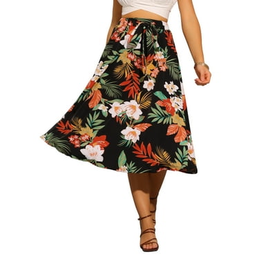 INSPIRE CHIC Summer Floral Boho Skirt for Women's Elastic Waist A-Line Flowy Midi Skirt XS Black