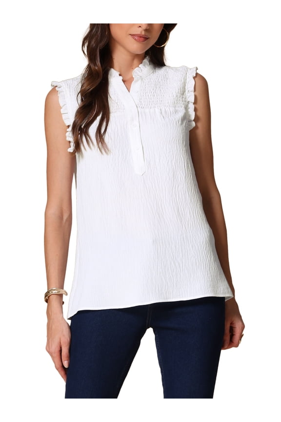 Allegra K Summer Ruffle Tank Top for Women's Sleeveless Mock Neck Button Up Casual Tops L White