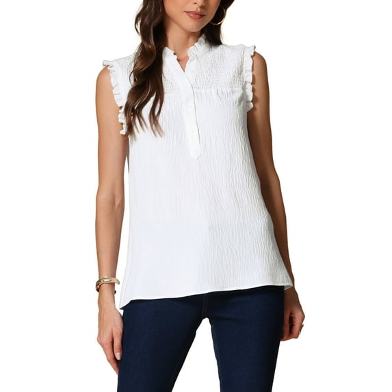 INSPIRE CHIC Allegra K Summer Ruffle Tank Top for Women's Sleeveless Mock Neck Button Up Casual Tops XS White