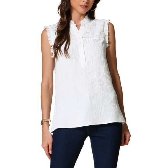 INSPIRE CHIC Allegra K Summer Ruffle Tank Top for Women's Sleeveless Mock Neck Button Up Casual Tops XS White