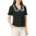thumbnail image 1 of INSPIRE CHIC Women's Sweet Peter Pan Contrast Collar Short Sleeves Button Up Blouse Tops L Black, 1 of 7