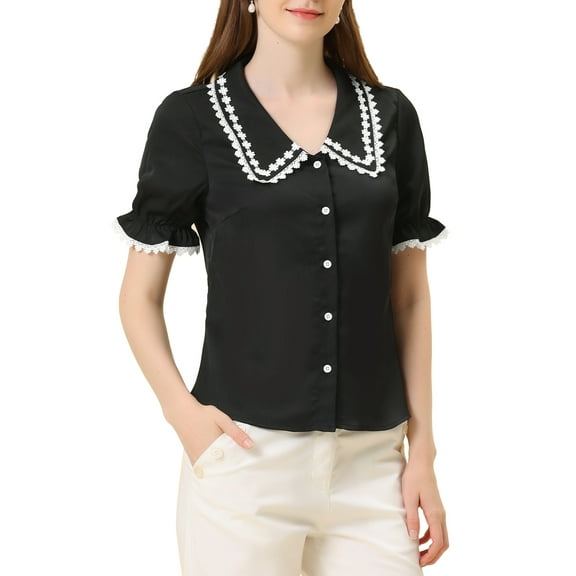 INSPIRE CHIC Women's Sweet Peter Pan Contrast Collar Short Sleeves Button Up Blouse Tops L Black