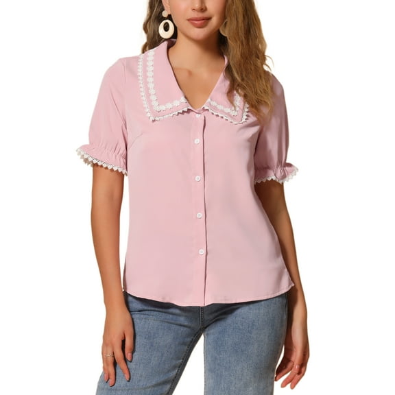 INSPIRE CHIC Women's Sweet Peter Pan Contrast Collar Short Sleeves Button Up Blouse Tops L Light Pink