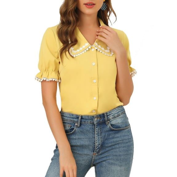 INSPIRE CHIC Women's Sweet Peter Pan Contrast Collar Short Sleeves Button Up Blouse Tops XS Yellow