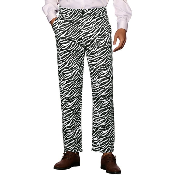 INSPIRE CHIC Men's Pants Leopard Animal Print Regular Fit Vintage Flat Front Pants 36 Black White