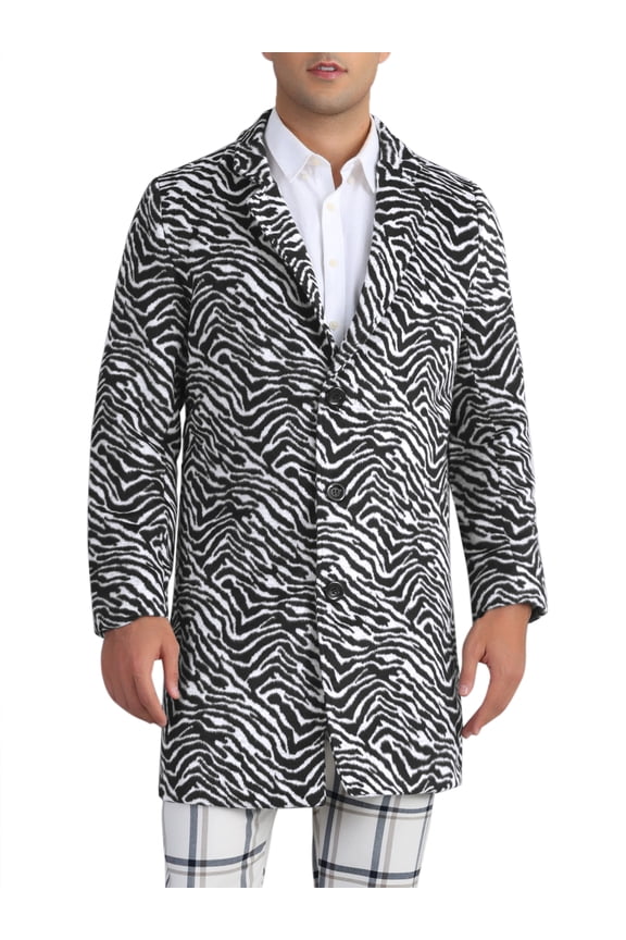 Animal Printed Trench Coat for Men's Notched Lapel Classic Vintage Winter Overcoats XL Black White