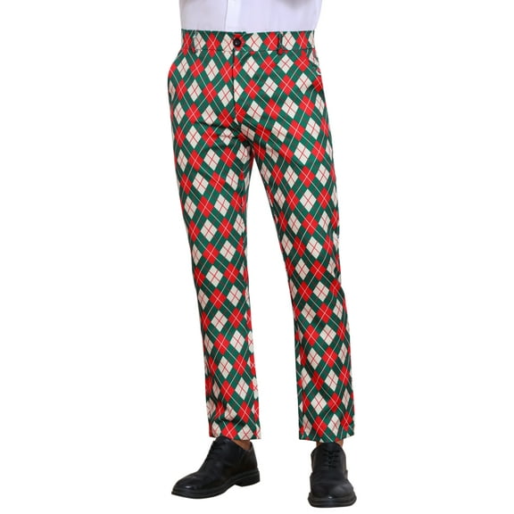 INSPIRE CHIC Argyle Pattern Pants for Men's Flat Front Retro Trousers Plaid Printed Golf Pants 30 Green Red