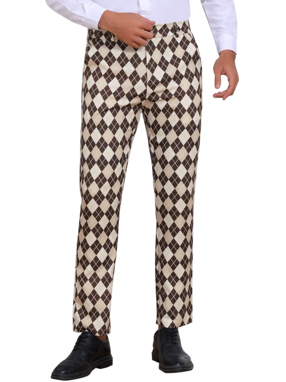 Argyle Pattern Pants for Men's Flat Front Retro Trousers Plaid Printed Pants 32 Khaki Brown