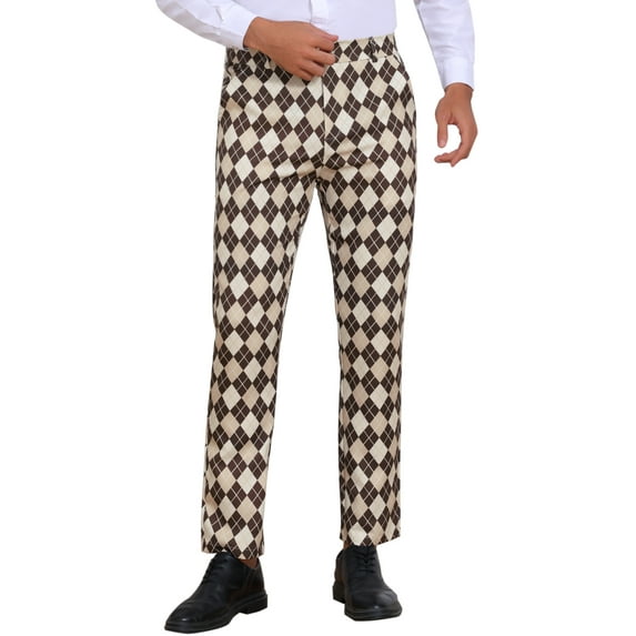 INSPIRE CHIC Argyle Pattern Pants for Men's Flat Front Retro Trousers Plaid Printed Golf Pants 38 Khaki Brown