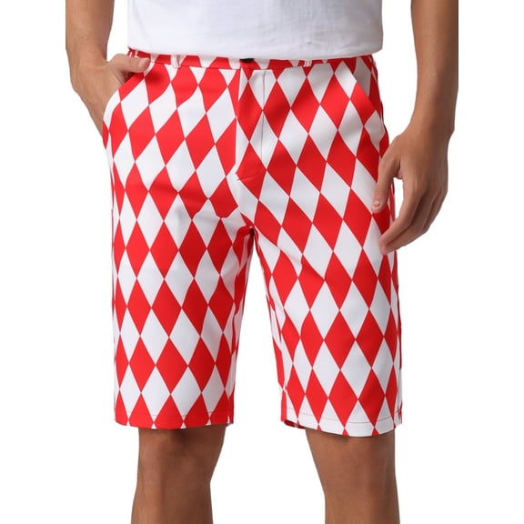 INSPIRE CHIC Argyle Pattern Shorts for Men's Regular Fit Flat Front Contrasting Colors Shorts 30 Red