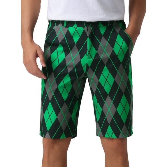 INSPIRE CHIC Argyle Shorts for Men's Regular Fit Flat Front Contrasting Colors Patterned Shorts 30 Green Black