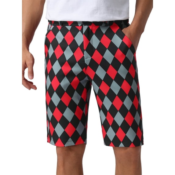 INSPIRE CHIC Argyle Shorts for Men's Regular Fit Flat Front Contrasting Colors Patterned Shorts 32 Black Red