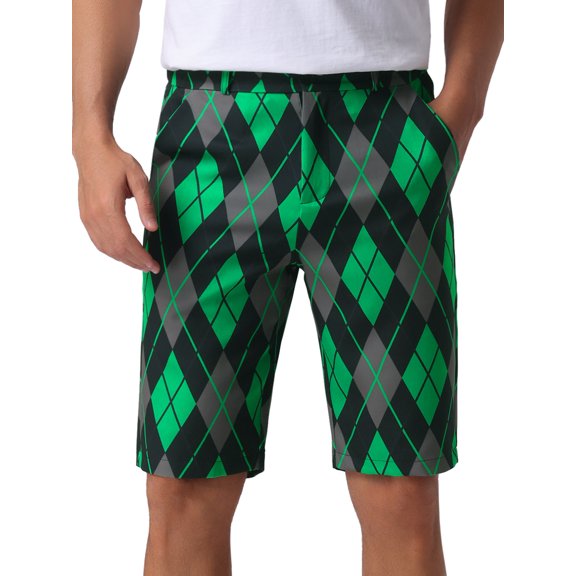 INSPIRE CHIC Argyle Shorts for Men's Regular Fit Flat Front Contrasting Colors Patterned Shorts 32 Green Black