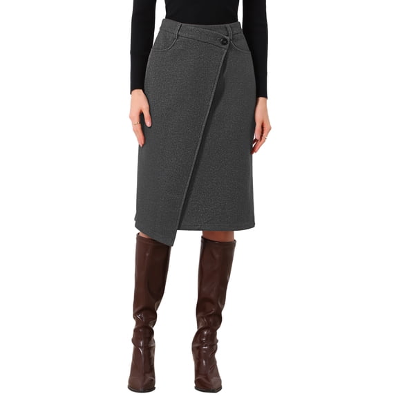INSPIRE CHIC Asymmetrical Work Skirt for Women High Waist Wrap Office Work Midi Skirts S Dark Grey