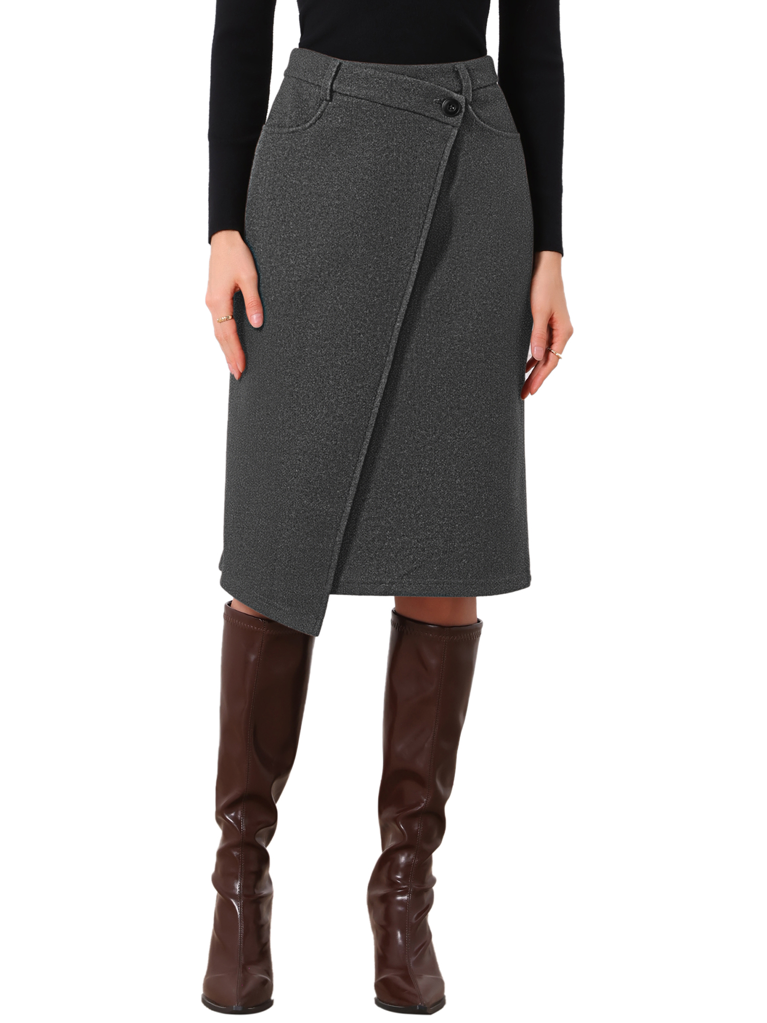 INSPIRE CHIC Asymmetrical Work Skirt for Women High Waist Wrap Office Work Midi Skirts S Dark Grey