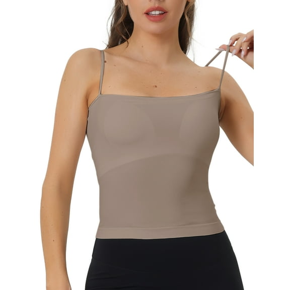 INSPIRE CHIC Bandeau Camisole for Women's, Spaghetti Strap Tank Top, Build in Bra Padded Sleeveless Large Khaki