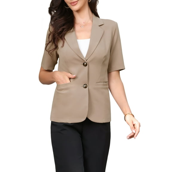 INSPIRE CHIC Blazer for Women's Short Sleeve Lapel Open Front Business Work Casual Suit Jackets with Pockets L Camel