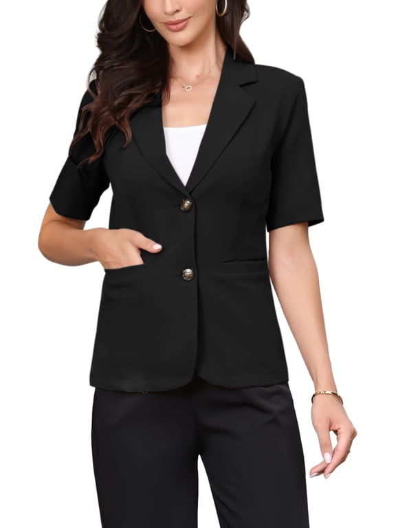 Blazer for Women's Short Sleeve Lapel Open Front Business Work Casual Suit Jackets with Pockets S Black