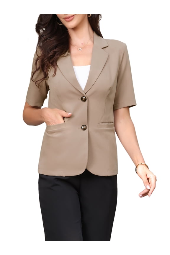 Blazer for Women's Short Sleeve Lapel Open Front Business Work Casual Suit Jackets with Pockets XL Camel