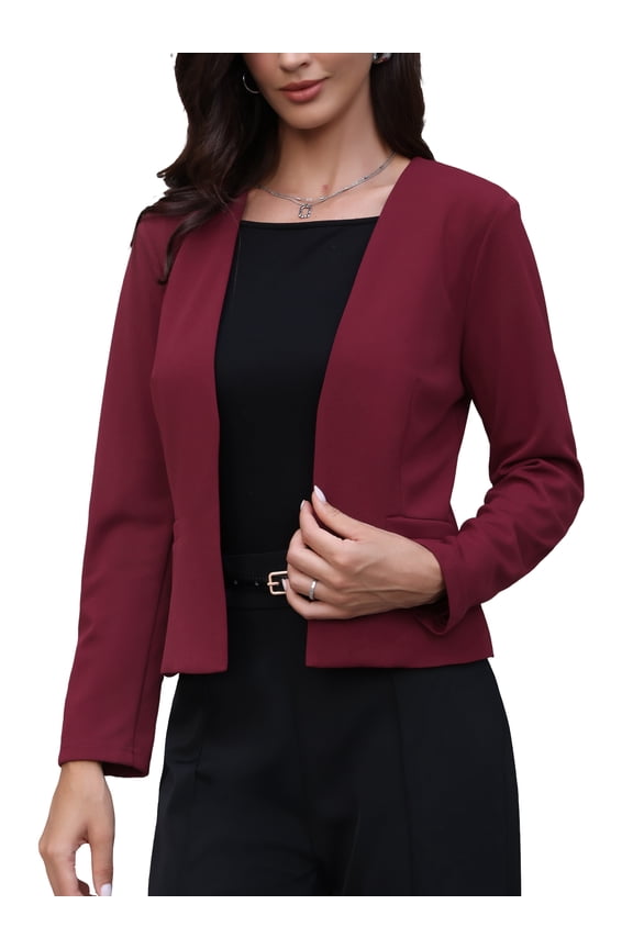 Blazer for Women's Work Office Casual Long Sleeve Open Front Collarless Suit Jackets with Pockets XL Burgundy