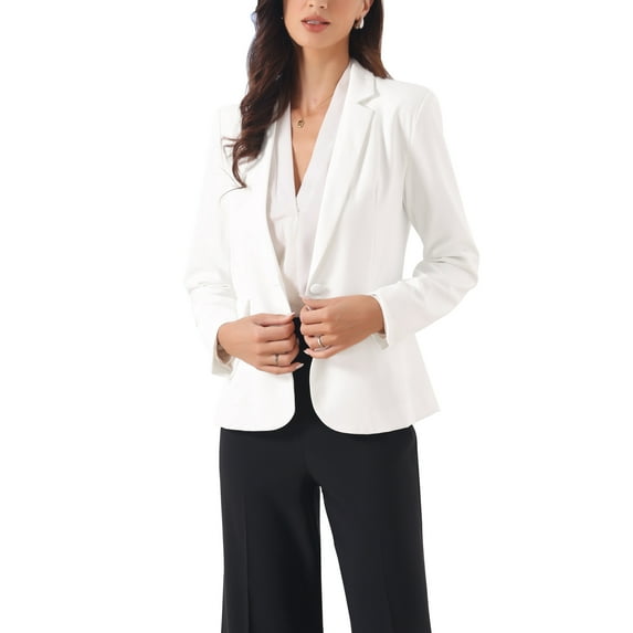 INSPIRE CHIC Blazers for Women Business Casual One Button Front Long Sleeve Work Office Suit Jackets with Shoulder Pads S White