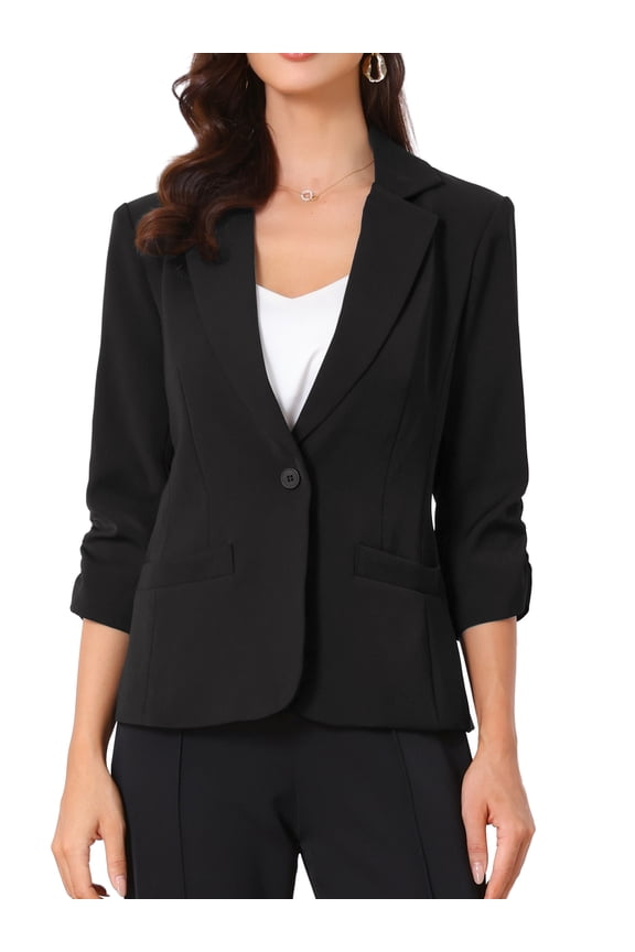 Blazers for Women Business Casual Ruched 3/4 Sleeve One Button Blazer for Work Suit Jacket XS Black
