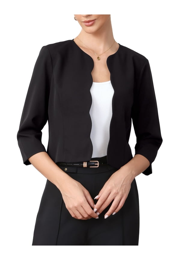 Blazers for Women's Open Front 3/4 Sleeve Crew Neck Work Office Suit Jackets Blazer L Black