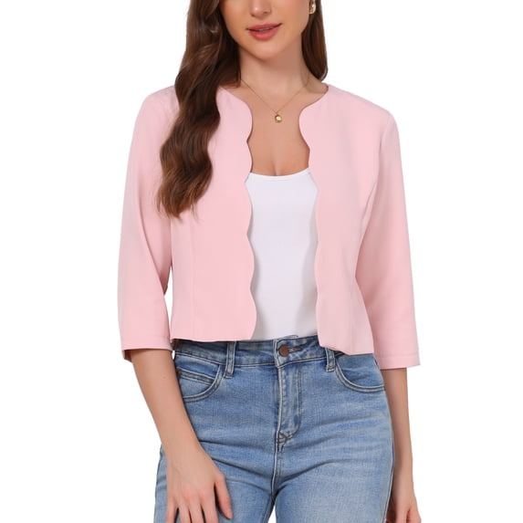 INSPIRE CHIC Blazers for Women's Open Front 3/4 Sleeve Crew Neck Work Office Suit Jackets Blazer L Pink