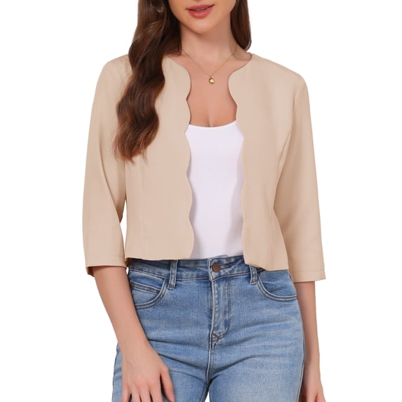 INSPIRE CHIC Blazers for Women's Open Front 3/4 Sleeve Crew Neck Work Office Suit Jackets Blazer XS Khaki