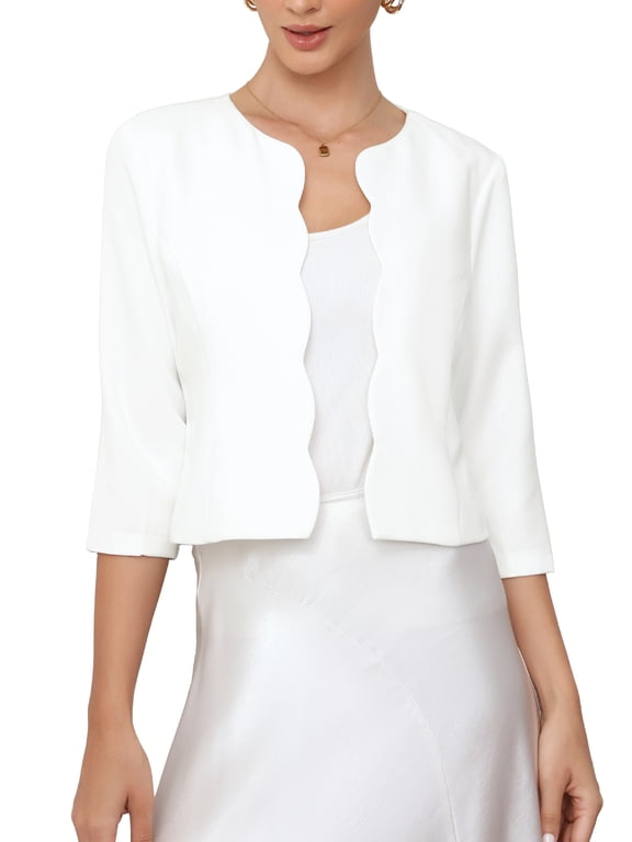 Blazers for Women's Open Front 3/4 Sleeve Crew Neck Work Office Suit Jackets Blazer XS White