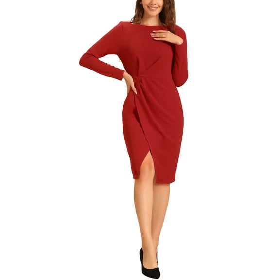 INSPIRE CHIC Boat Neck Dress for Women's Long Sleeves Ruched Wear to Work Midi Split Sheath Dress L Red