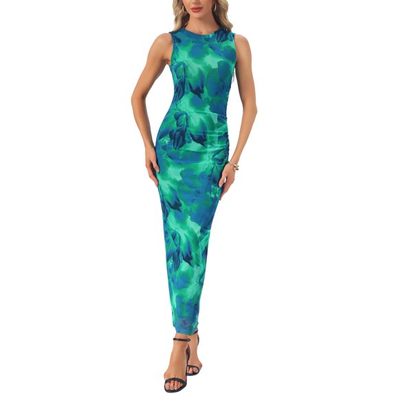 INSPIRE CHIC Bodycon Dresses for Women Floral Print Sleeveless Ruched Fitted Wedding Guest Cocktail Party Maxi Dress S Green