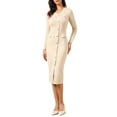 thumbnail image 1 of INSPIRE CHIC Bodycon Sweater Dress for Women's 2025 V Neck Long Sleeve Button Decor Knit Midi Dress L Apricot, 1 of 6