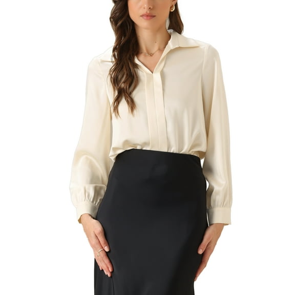 INSPIRE CHIC Bodysuit for Womens V Neck Long Sleeve Business Work Collared Satin Blouse Bodysuits M Champagne