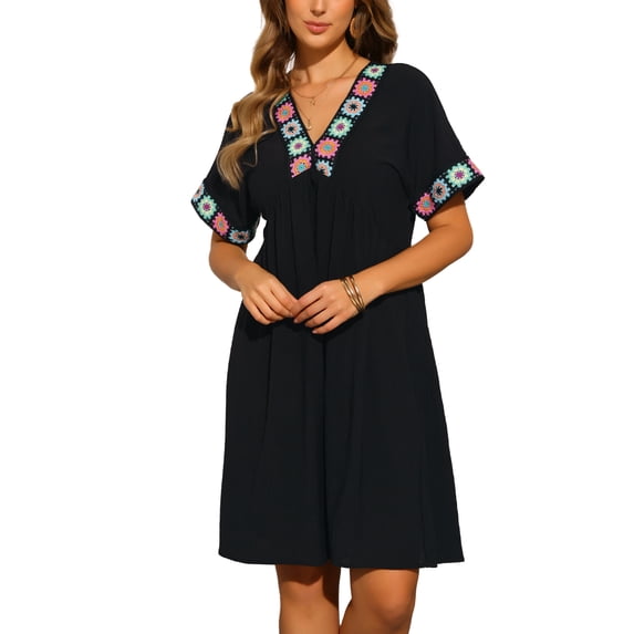 INSPIRE CHIC Boho Babydoll Dress for Women's Summer Embroidered V Neck Short Sleeve Flowy Shift Dress S Black