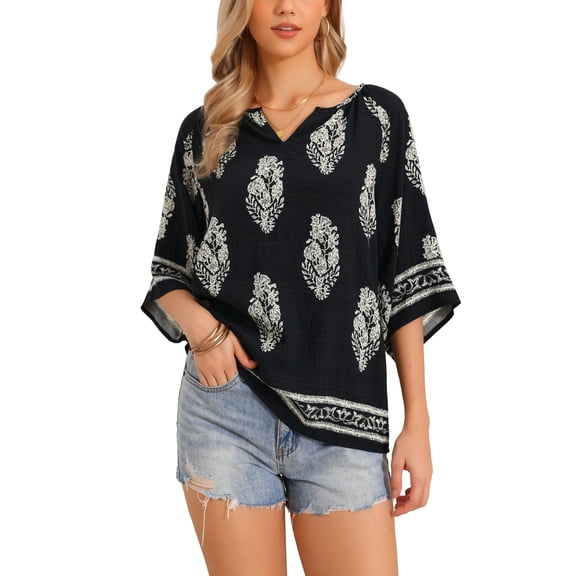 INSPIRE CHIC Boho Blouses for Women 3/4 Sleeve Notched V Neck Leaves Print Summer Tops S Black