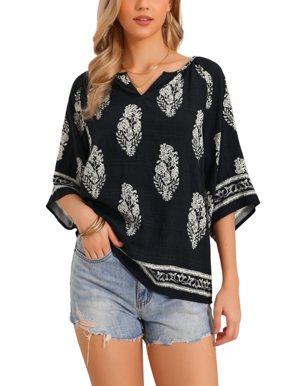 Boho Blouses for Women 3/4 Sleeve Notched V Neck Leaves Print Summer Tops S Black
