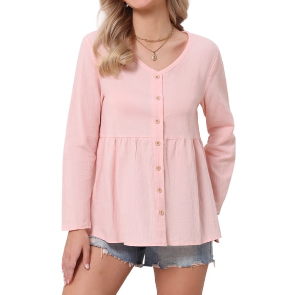 INSPIRE CHIC Boho Button Down Blouse for Women Long Sleeve V Neck Lightweight Dressy Casual Top M Pink