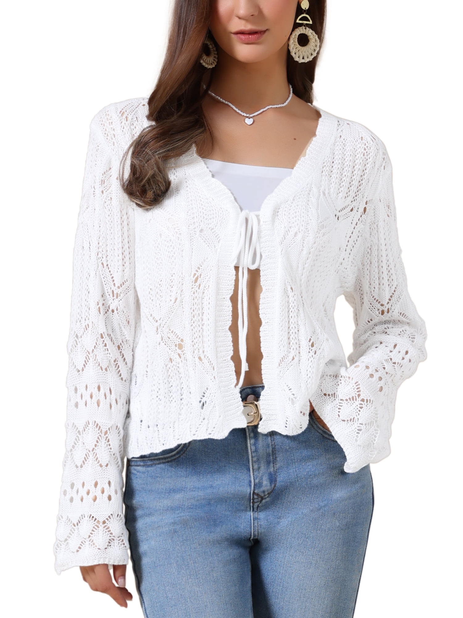 INSPIRE CHIC Women's Boho Crochet Cardigan Tie Front Long Sleeve
